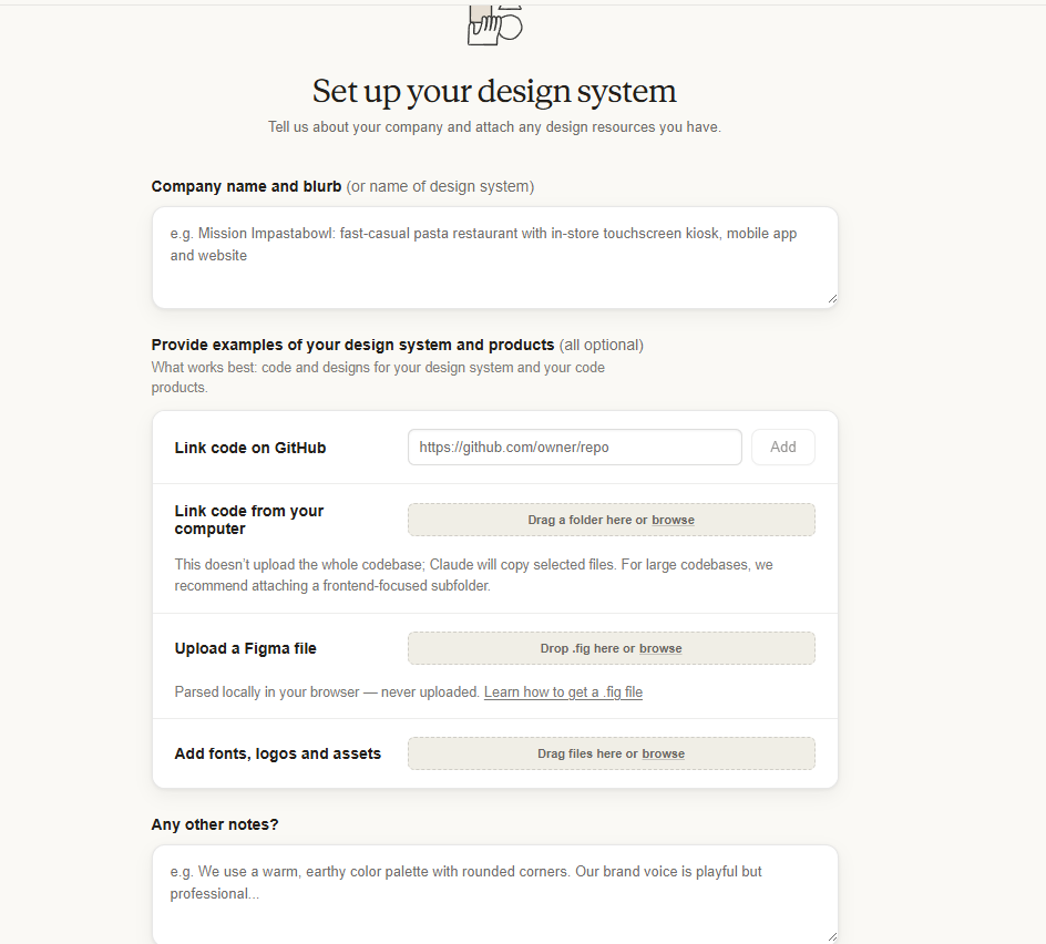 screenshot: Claude Design setup screen